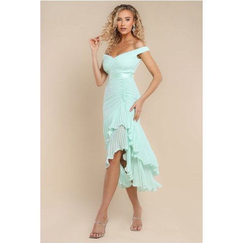 Goddiva Pleated Bardot High Low Tier Chiffon Midaxi Dress - Mint Green