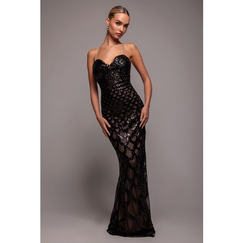 Goddiva Diamante Strap Fish Scale Sequin Maxi Dress - Black