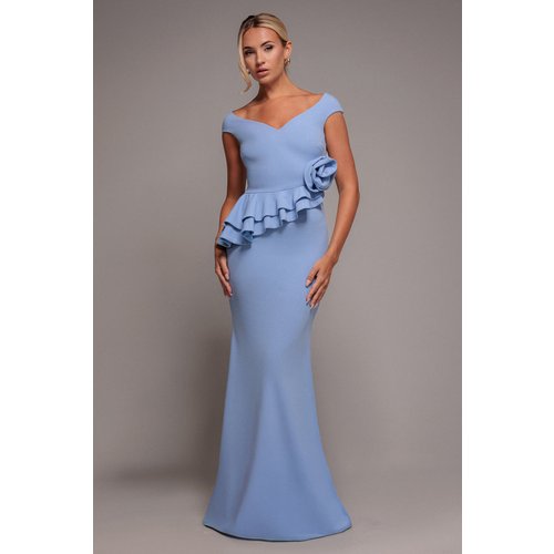 Goddiva Scuba Crepe Rose Frill Maxi Dress - Cornflower Blue