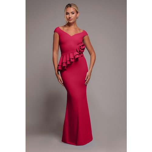 Goddiva Scuba Crepe Rose Frill Maxi Dress - Magenta