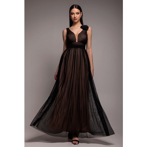 Goddiva Sleeveless Pleated Dobby Mesh Corsage Maxi Dress - Black