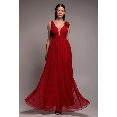 Goddiva Sleeveless Pleated Dobby Mesh Corsage Maxi Dress - Red