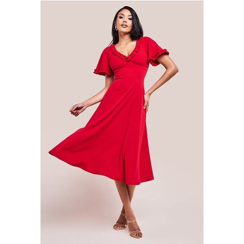 Goddiva Flare Sleeve Frill Edge Midi Dress - Red