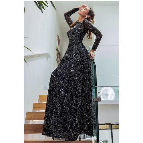 Goddiva Hotfix Diamante Mesh A-Line Long Sleeve Maxi Dress - Black