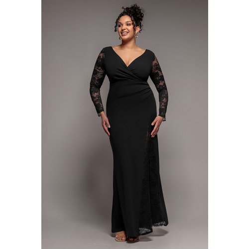 Goddiva Plus Scuba & Lace Wrap Maxi Dress - Black