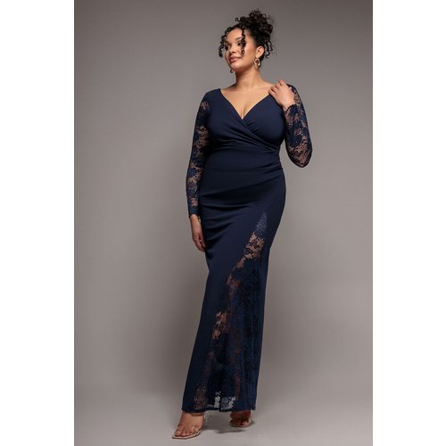 Goddiva Plus Scuba & Lace Wrap Maxi Dress - Navy Blue