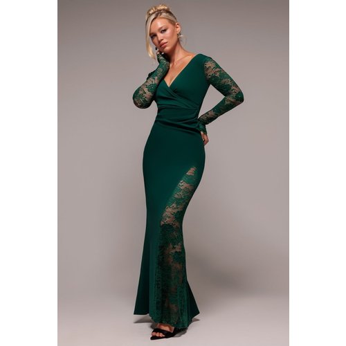 Goddiva Scuba & Lace Wrap Maxi Dress - Emerald