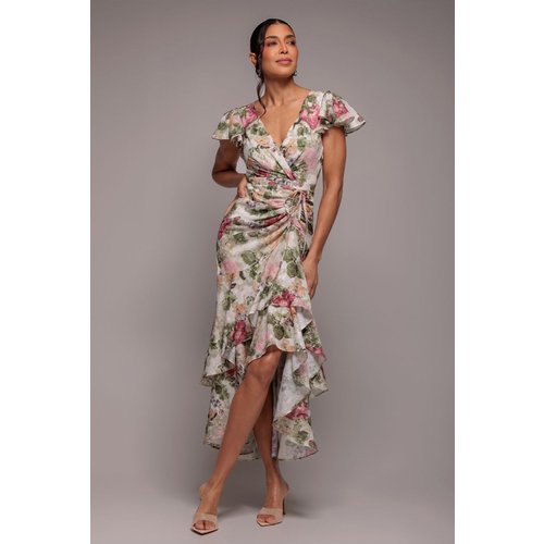Goddiva Floral Wrap High And Low Midaxi Dress - Cream