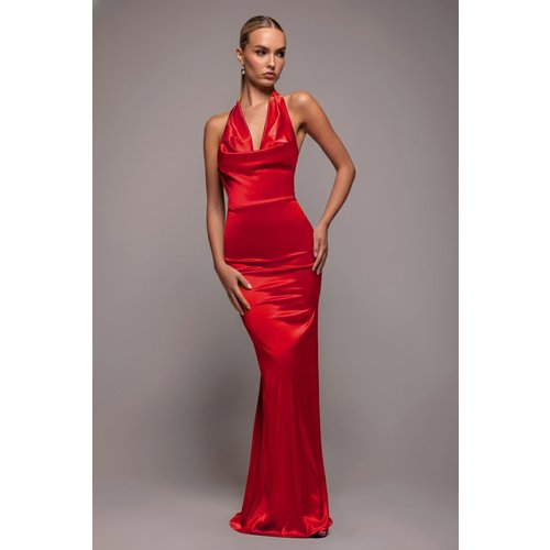 Goddiva Halter Cowl Neck Back Maxi Dress - Red