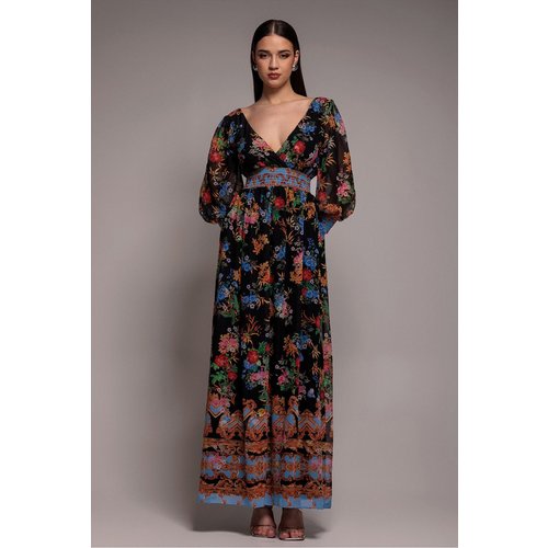 Goddiva Chiffon Wrap Border Floral Print Maxi Dress - Black