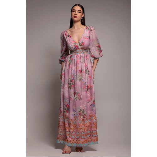 Goddiva Chiffon Wrap Border Floral Print Maxi Dress - Pink
