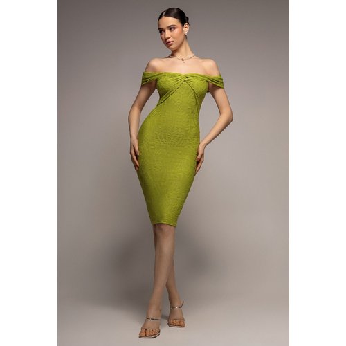 Goddiva Front Knot Twist Midi Dress - Lime Green