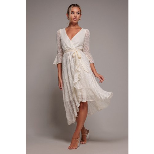 Goddiva Chiffon Geo-Wave Front Frill Wrap Midi Dress - Cream