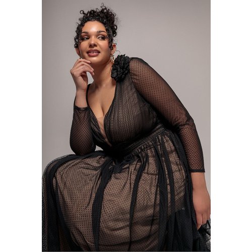Goddiva Plus Corsage Dobby Mesh A-Line Maxi Dress - Black