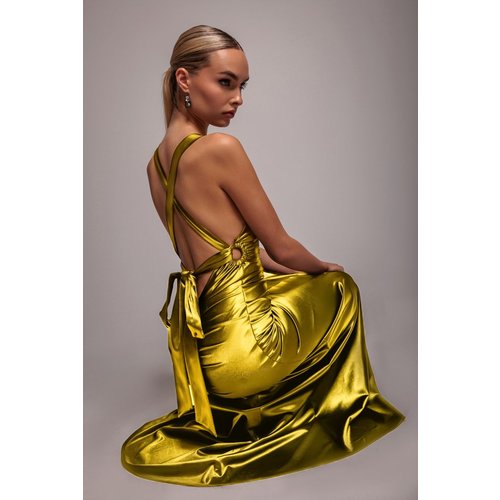 Goddiva Multi-Tied Satin Gathered Ring Maxi Dress - Lime Green
