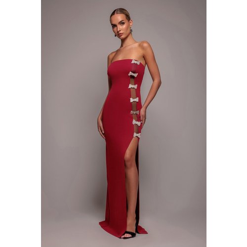 Goddiva Bow Embellished Strapless Mermaid Maxi Dress - Wine