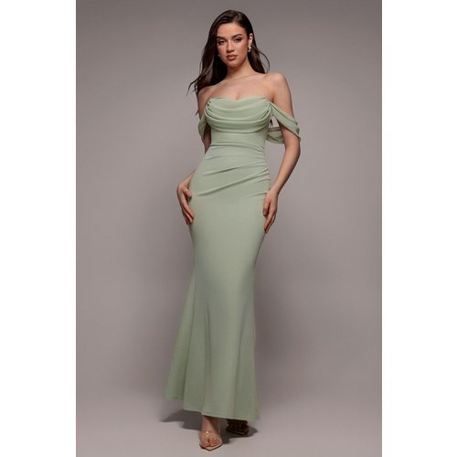Goddiva Bardot Scuba & Chiffon Cowl Maxi Dress - Sage Green