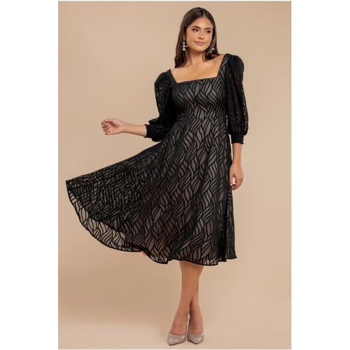 Goddiva Puff Sleeve Side Slit Flared Jacquard Chiffon Midi Dress - Black