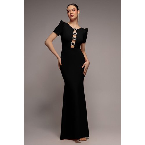 Goddiva Diamante Embellished Heart Brooch Scuba Maxi Dress - Black