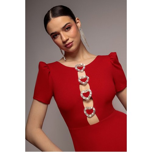 Goddiva Diamante Embellished Heart Brooch Scuba Maxi Dress - Red