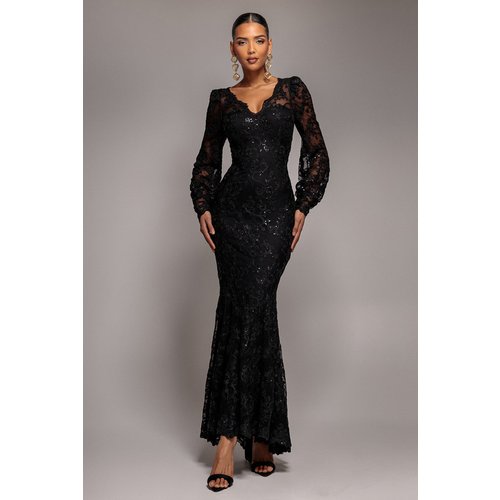 Goddiva Embroidered Lace Scalloped Edge Maxi Dress - Black