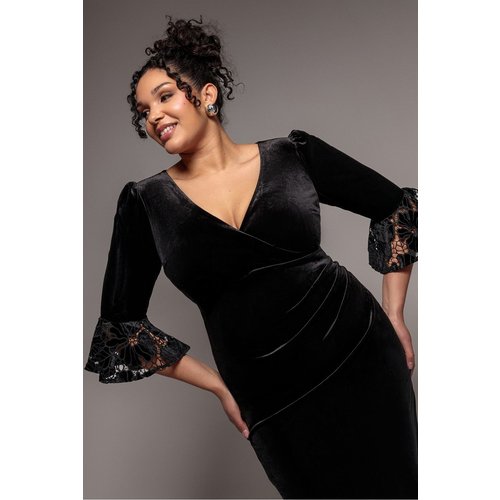 Goddiva Plus Crochet Velvet Wrap Midi Dress - Black