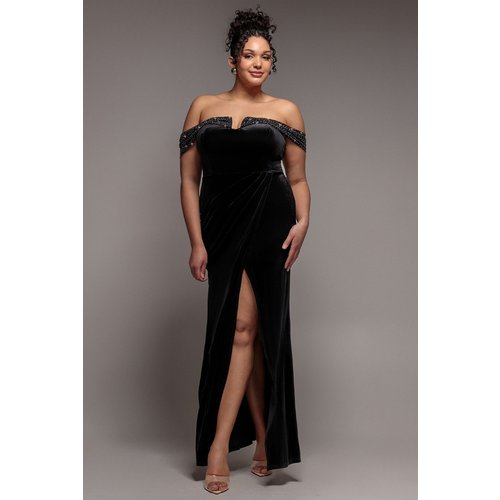 Goddiva Plus Off Shoulder Hotfix Diamante Wing Velvet Maxi Dress - Black