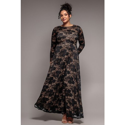 Goddiva Plus Scalloped Lace A-Line Maxi Dress - Black