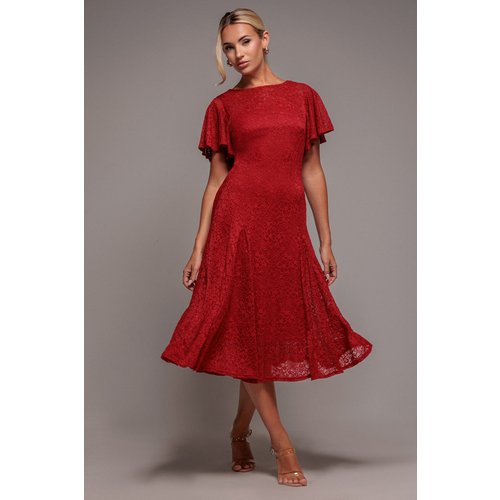 Goddiva Flutter Sleeve Lace A-Line Midi Dress - Red