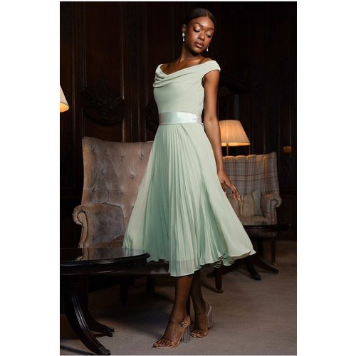 Goddiva Cowl Neck Pleated A-Line Chiffon Midi Dress - Sage Green