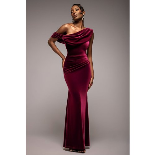 Goddiva Cowl One Shoulder Velvet Maxi Dress - Burgundy Red