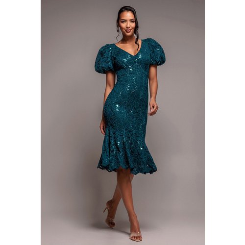 Goddiva Sequin Lace Puff Sleeve Fit & Flare Midi Dress - Teal Blue