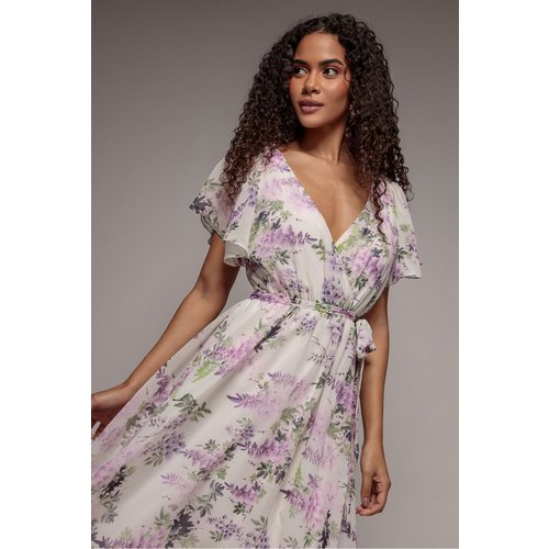 Goddiva Floral Printed Flutter Sleeve Chiffon Midi Dress - Cream