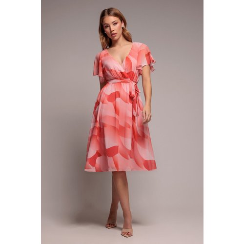Goddiva Printed Flutter Sleeve Chiffon Midi Dress - Coral