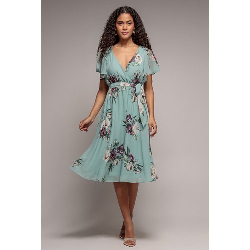 Goddiva Floral Printed Flutter Sleeve Chiffon Midi Dress - Sage Green