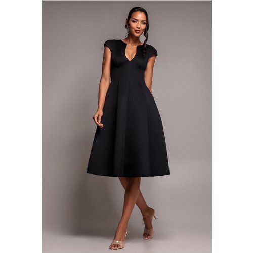 Goddiva Cap Sleeve Plunging V-Neckline A-line Midi Dress - Black