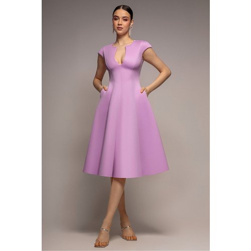 Goddiva Cap Sleeve Plunging V-Neckline A-line Midi Dress - Lilac