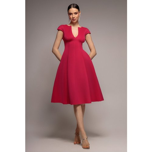 Goddiva Cap Sleeve Plunging V-Neckline A-line Midi Dress - Magenta