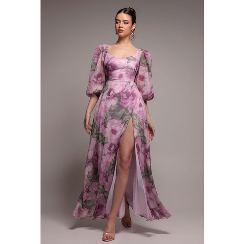 Goddiva Puff Sleeve A-Line Printed Chiffon Maxi Dress With Split - Blush Pink