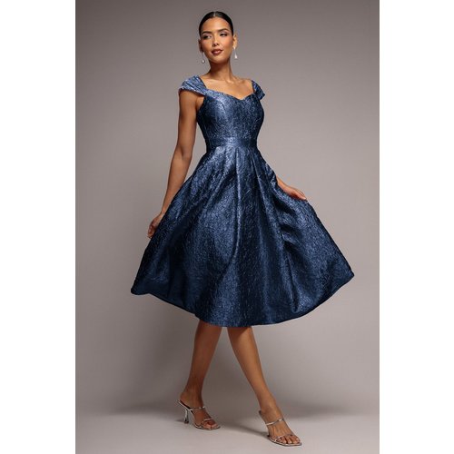 Goddiva Crushed Satin Sleeveless A Line Midi Dress - Navy Blue