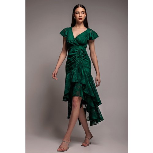 Goddiva Jacquard Chiffon Wrap High Low Midaxi Dress - Emerald Green