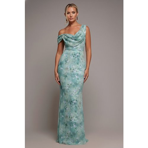 Goddiva One Shoulder Cowl Neck Chiffon Floral Maxi Dress - Blue