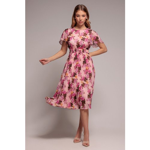 Goddiva Flutter Sleeve Pleated Skirt Floral Midi Dress - Pink