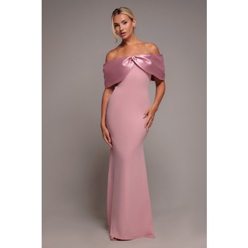 Goddiva Twist Knot Satin & Scuba Bardot Maxi Dress - Blush Pink