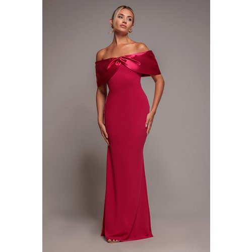 Goddiva Twist Knot Satin & Scuba Bardot Maxi Dress - Magenta