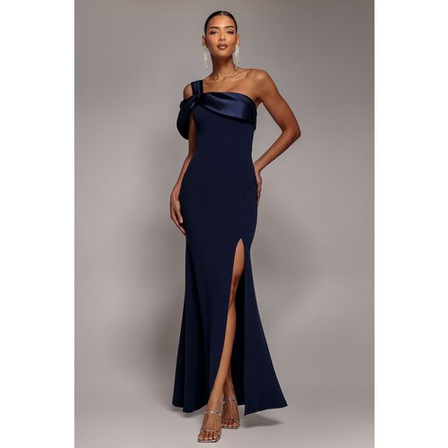 Goddiva Satin Twist One Shoulder Maxi Dress - Navy Blue