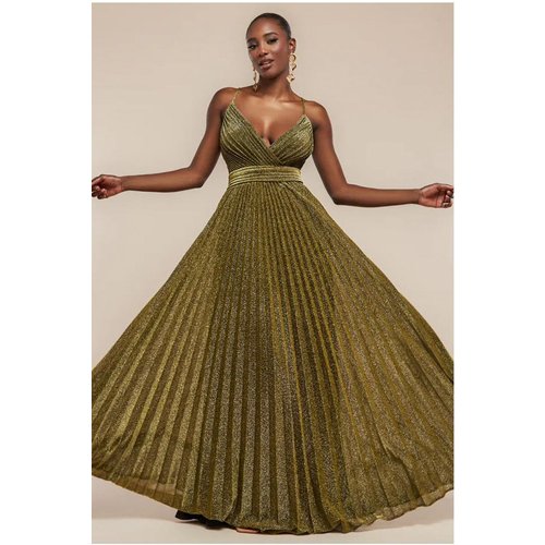 Goddiva Sleeveless Pleated A Line Lurex Maxi Dress - Gold