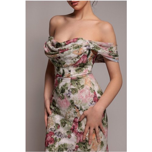 Goddiva Cowl Neck Floral Print Jacquard Chiffon Maxi Dress - Cream