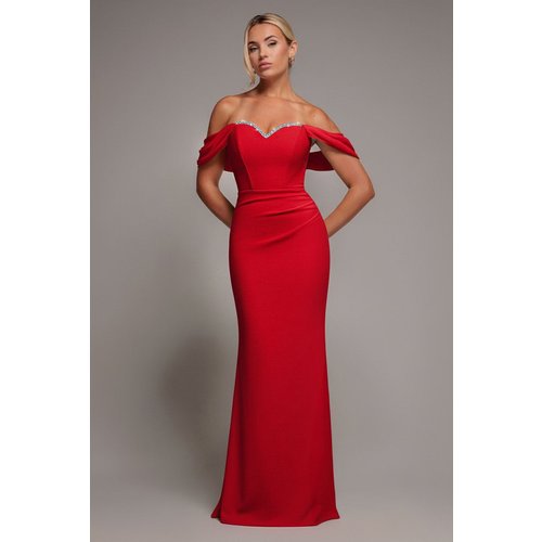 Goddiva Off The Shoulder Draped Sleeve Maxi Dress With Diamante Neckline - Red