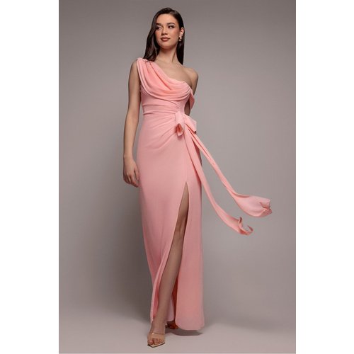 Goddiva One Shoulder Cowl With Bow Detail Maxi Dress - Blush Pink